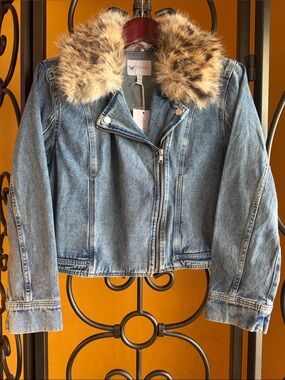 JESSICA SIMPSON Denim Moto Jacket with Faux Fur Collar